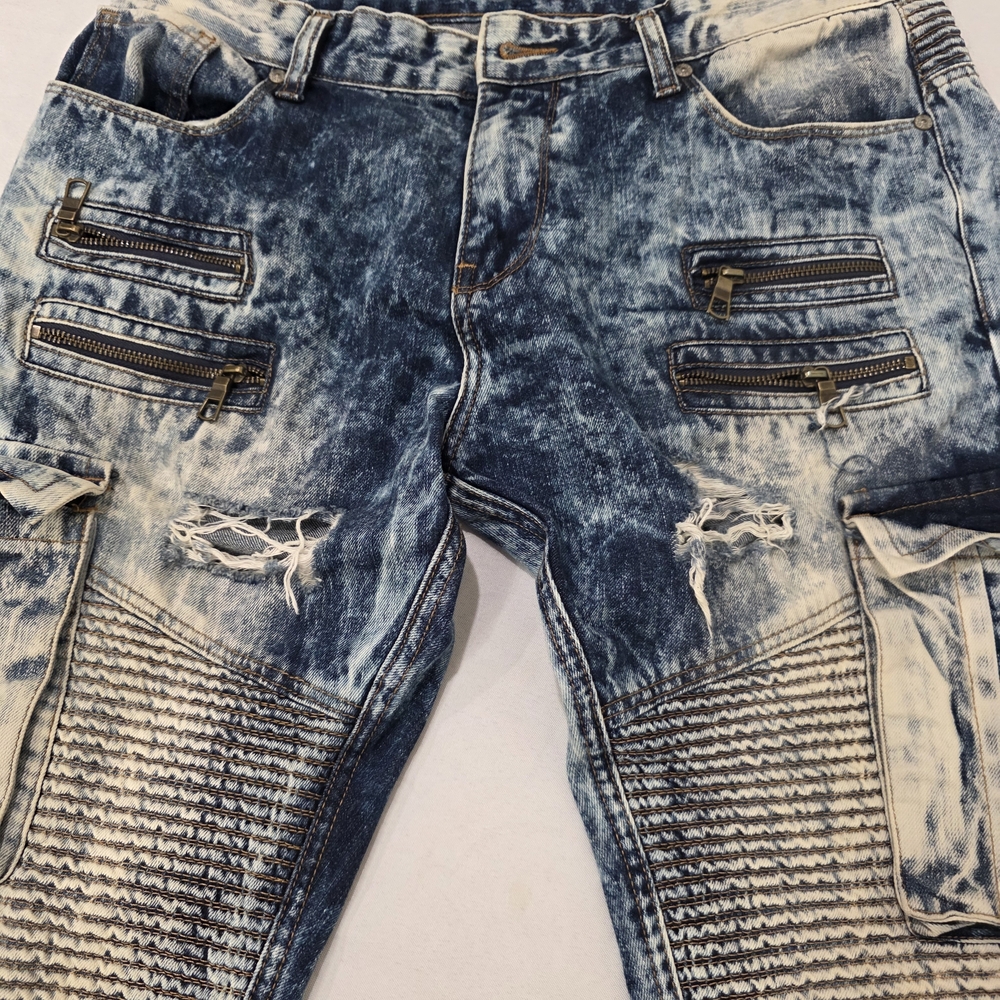 FoCus Exclusive Designed Ripped Blue Acid Wash Denim Jeans Men W38 L32